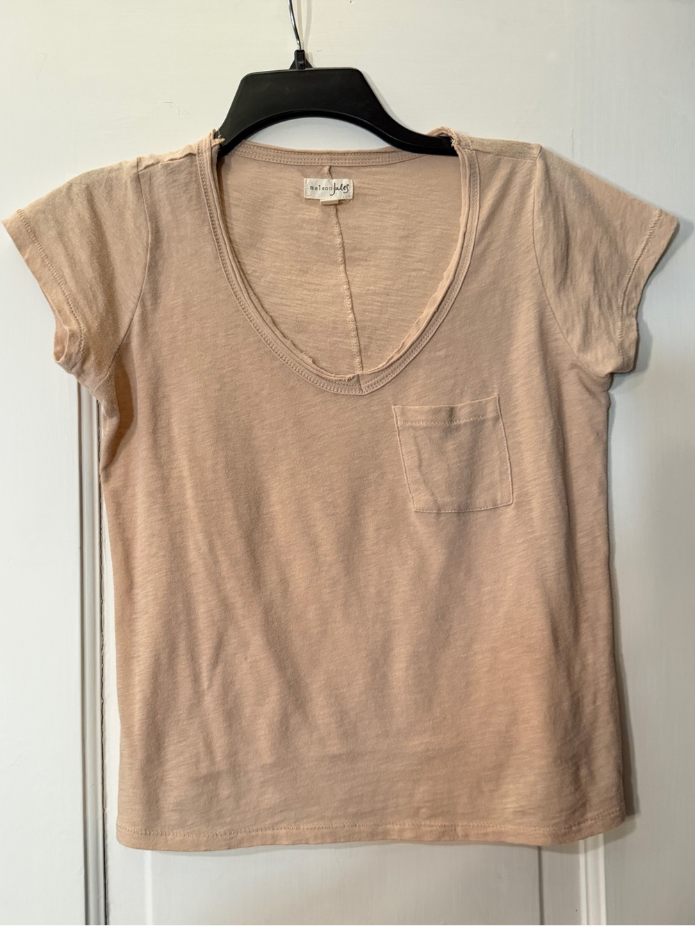 Maison Jules Short Sleeve V-Neck Pocket Tee in Light Beige